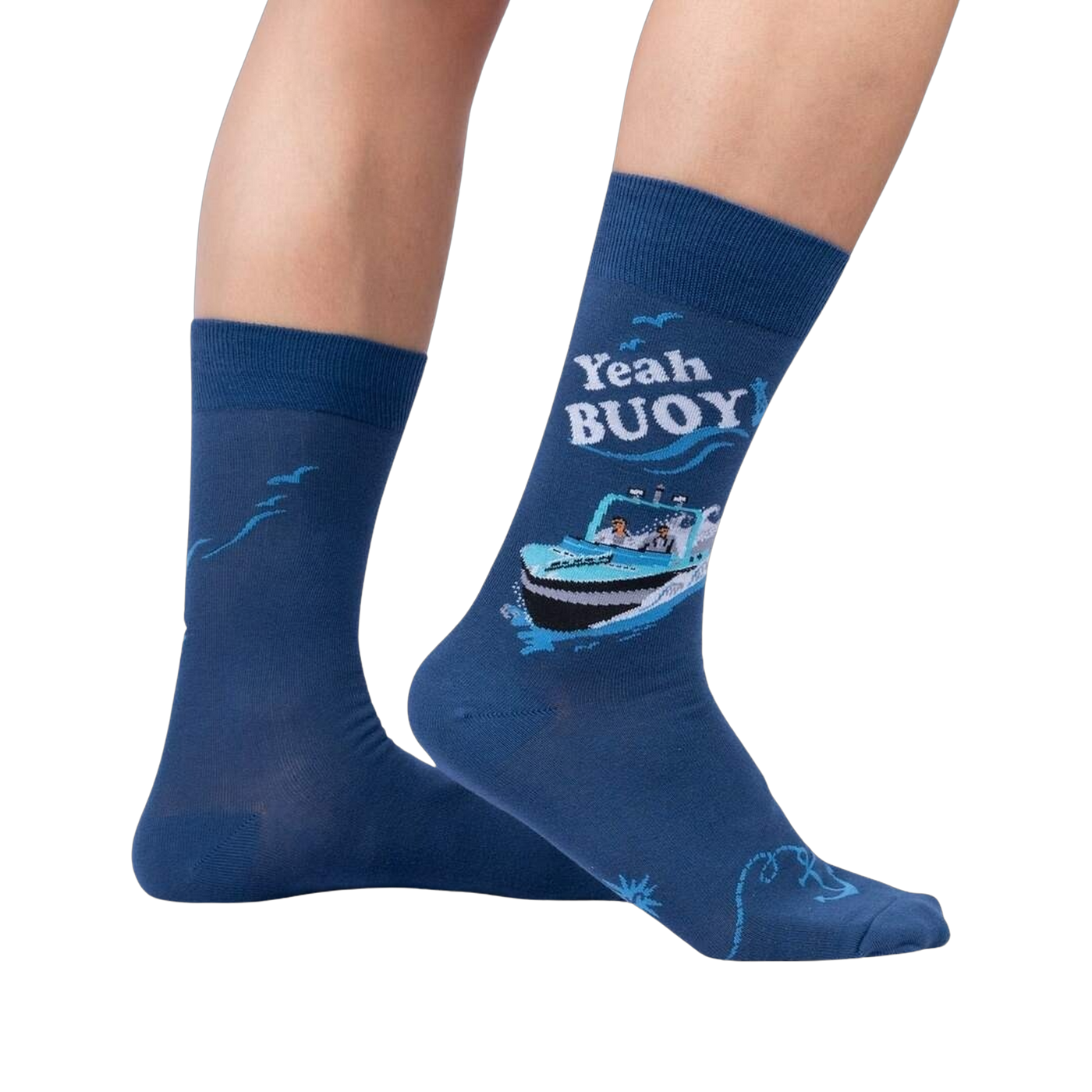 Lifestyle shot of 'Yeah Buoy!' socks on a person's feet, showing the socks' design and fit.