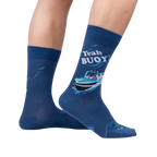 Lifestyle shot of 'Yeah Buoy!' socks on a person's feet, showing the socks' design and fit.