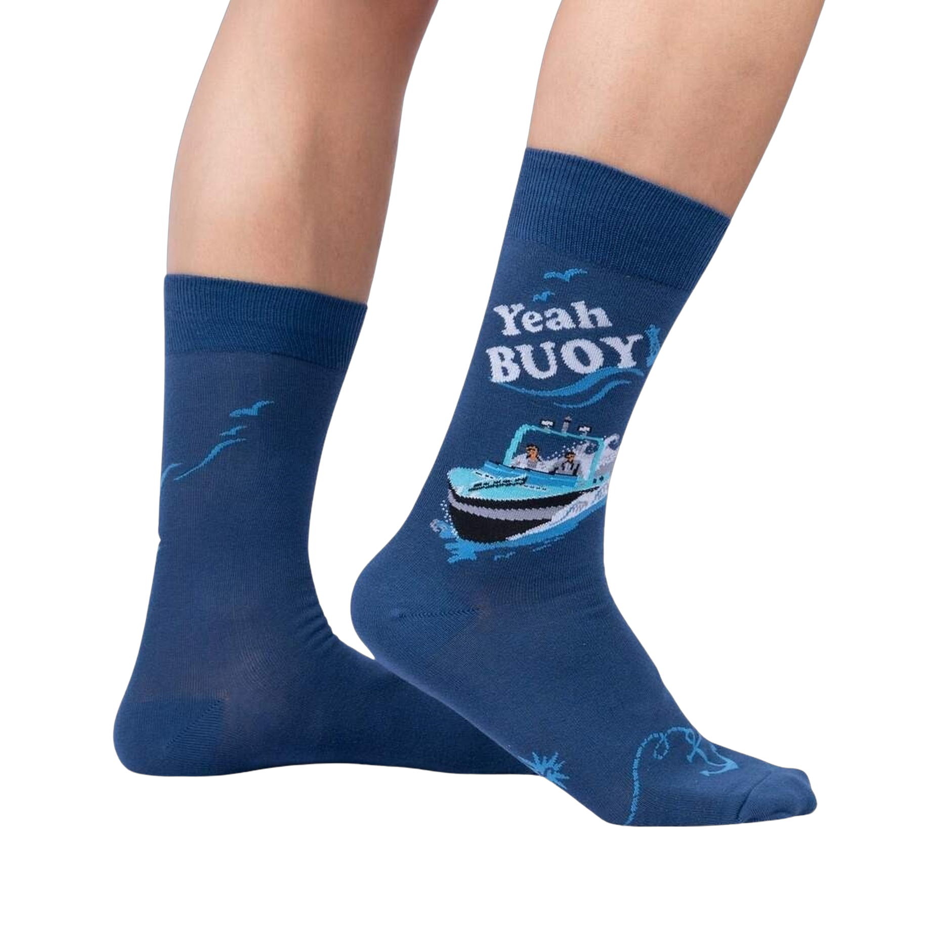 Lifestyle shot of 'Yeah Buoy!' socks on a person's feet, showing the socks' design and fit.
