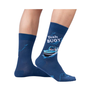 Lifestyle shot of 'Yeah Buoy!' socks on a person's feet, showing the socks' design and fit.