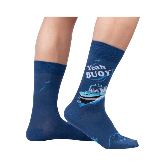 Lifestyle shot of 'Yeah Buoy!' socks on a person's feet, showing the socks' design and fit.