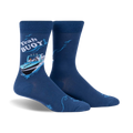 A pair of blue crew socks with a whimsical illustration of a boat, text that says 'Yeah Buoy!', and seagull accents.