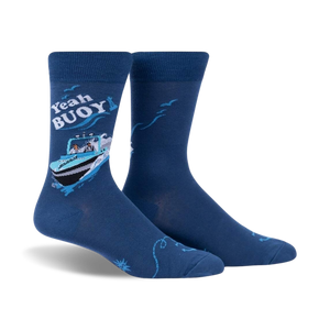  yeah buoy! mens blue and white crew power boat and anchor fun summertime nautical themed ankle length novelty fun casual summertime funky socks 