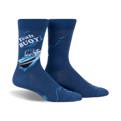  yeah buoy! mens blue and white crew power boat and anchor fun summertime nautical themed ankle length novelty fun casual summertime funky socks 