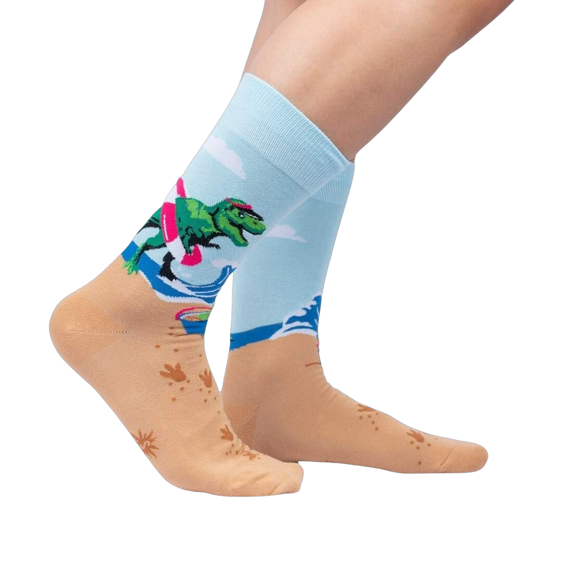 Lifestyle photo showing Dinos Gone Wild socks on a person's feet, showcasing the sock's fit and design on legs.