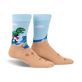 light blue crew socks with colorful dinosaur pattern on bottom half, featuring palm trees & waves in background.  