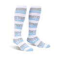 Pair of women's knee-high socks in white, light blue, and gray horizontal stripes.  Snowflake pattern accents the stripes.