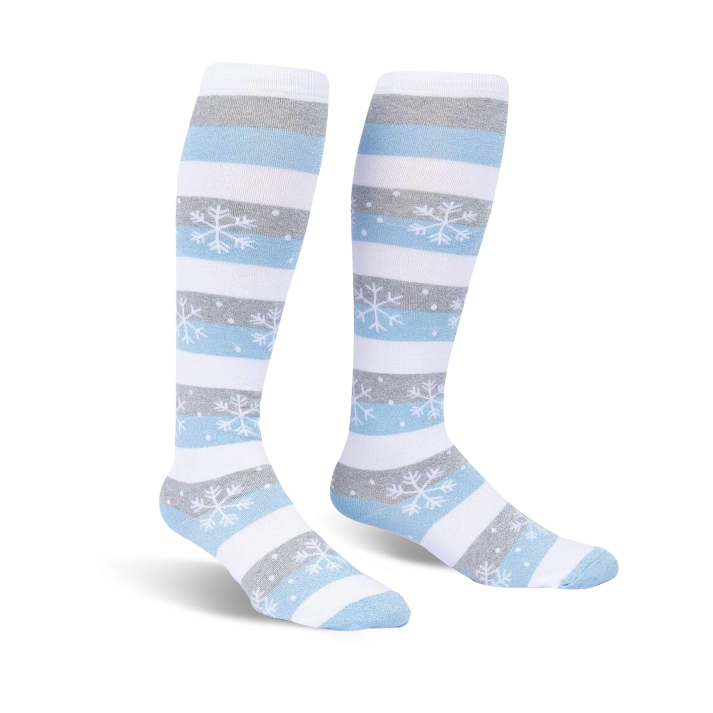 Pair of women's knee-high socks in white, light blue, and gray horizontal stripes.  Snowflake pattern accents the stripes.
