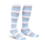Pair of women's knee-high socks in white, light blue, and gray horizontal stripes.  Snowflake pattern accents the stripes.