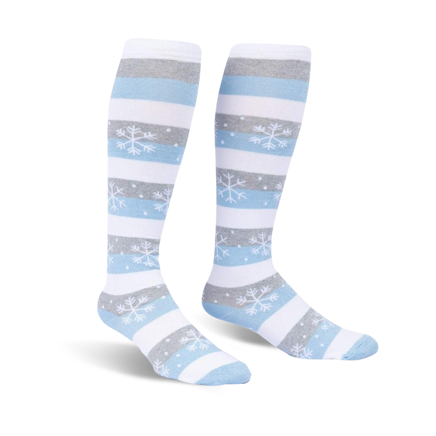 Pair of women's knee-high socks in white, light blue, and gray horizontal stripes.  Snowflake pattern accents the stripes.
