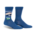 Pair of blue crew socks featuring a cream chihuahua graphic and 'Monday Mode On' text. 