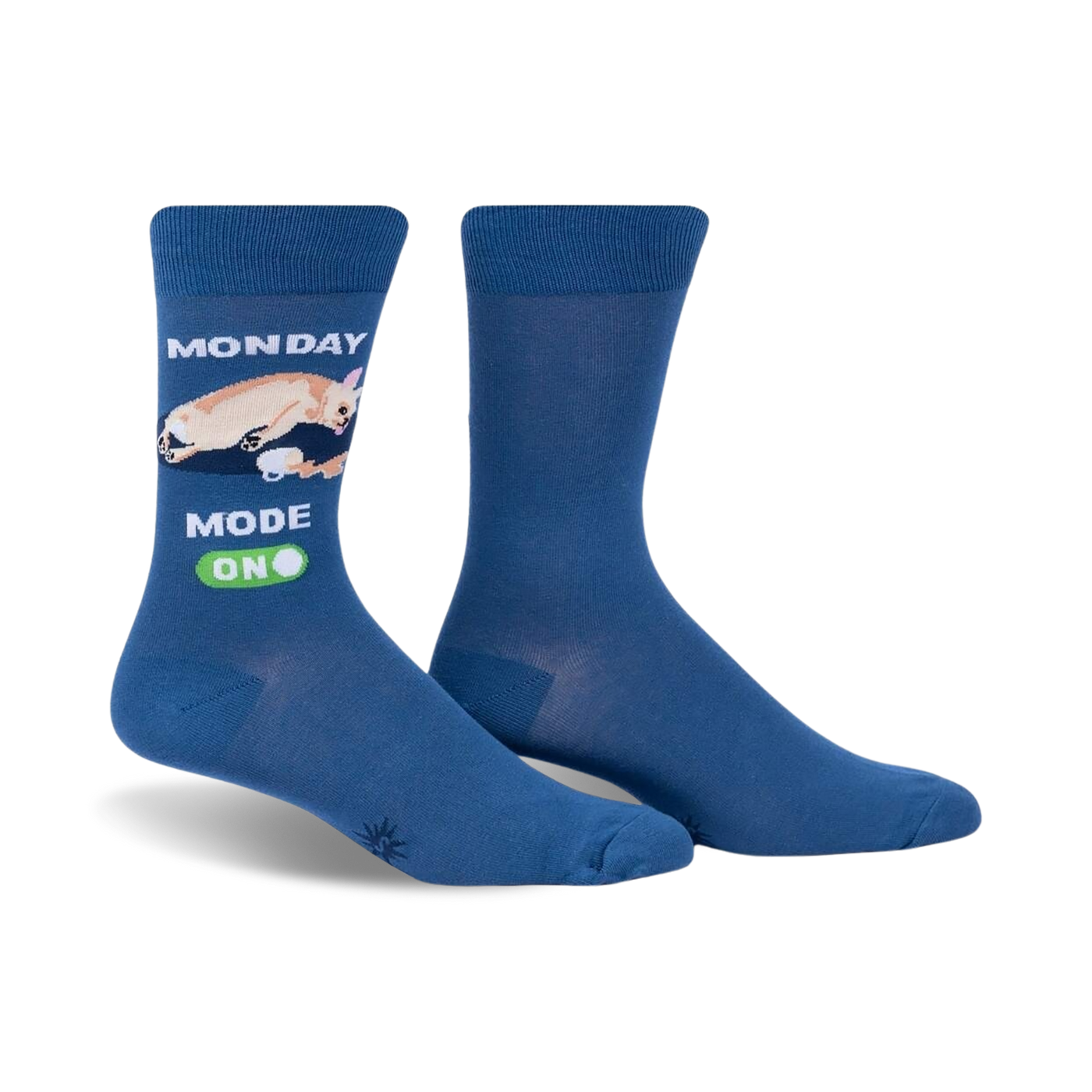 Pair of blue crew socks featuring a cream chihuahua graphic and 'Monday Mode On' text. 
