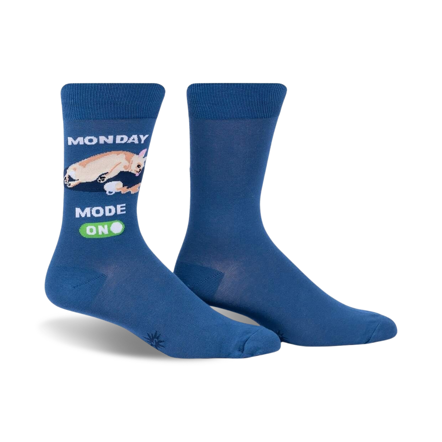 Pair of blue crew socks featuring a cream chihuahua graphic and 'Monday Mode On' text. 