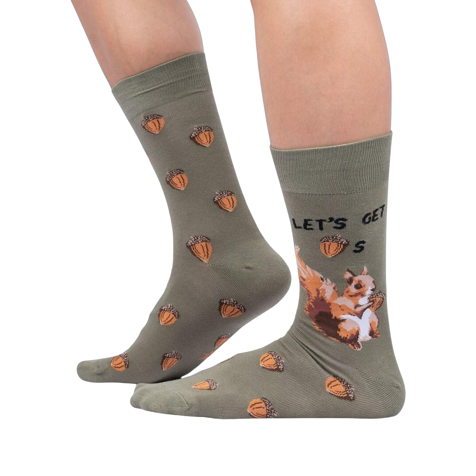 Lifestyle shot of a person wearing the 'Let's Get Nuts' socks. Shows how the socks look when worn.