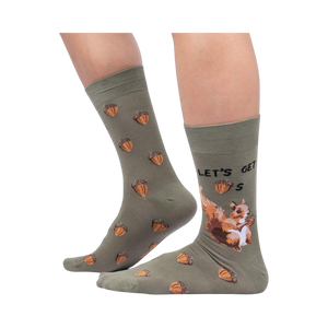 Lifestyle shot of a person wearing the 'Let's Get Nuts' socks. Shows how the socks look when worn.