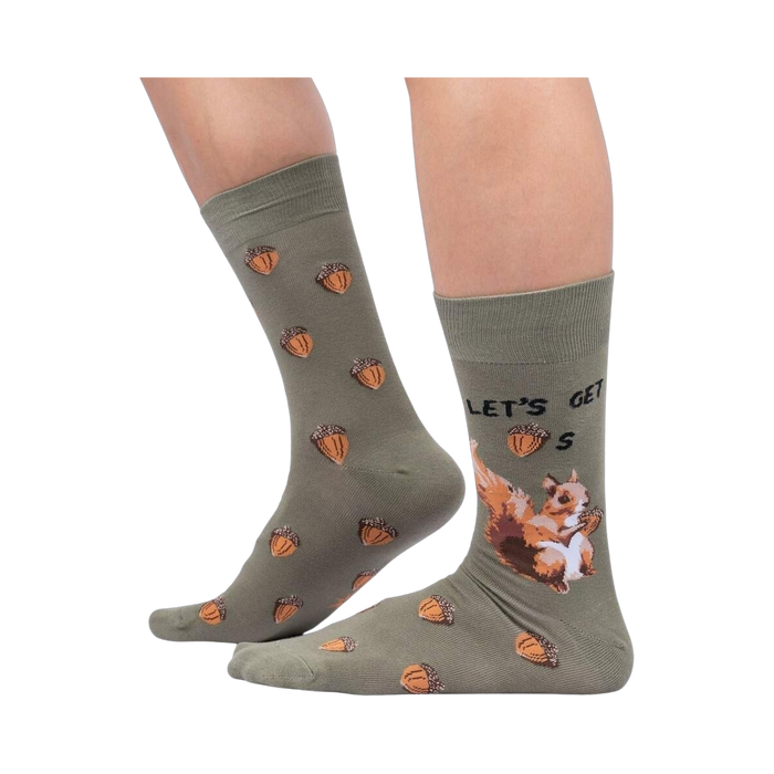 Lifestyle shot of a person wearing the 'Let's Get Nuts' socks. Shows how the socks look when worn.