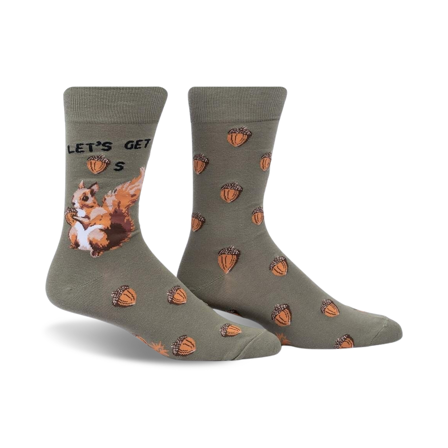 Crew socks in olive green with acorns and a squirrel design.  The text 'Let's Get Nuts' is featured on the sock.