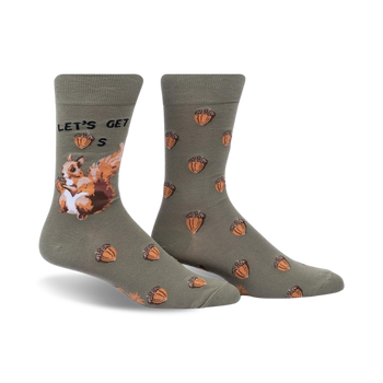 mens crew socks with squirrel holding an acorn, acorn pattern, and 'let's get nuts' lettering.   