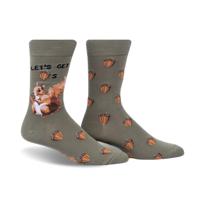 mens crew socks with squirrel holding an acorn, acorn pattern, and 'let's get nuts' lettering.   