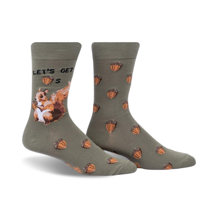 mens crew socks with squirrel holding an acorn, acorn pattern, and 'let's get nuts' lettering.   