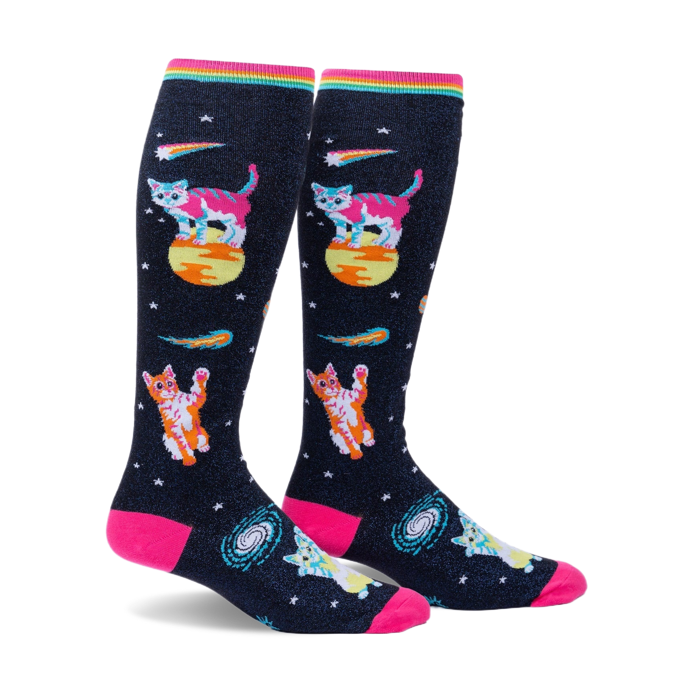 Pair of knee-high socks on a white background. Black background with pink, orange, and teal space cats, stars, and comets. Rainbow top cuff.