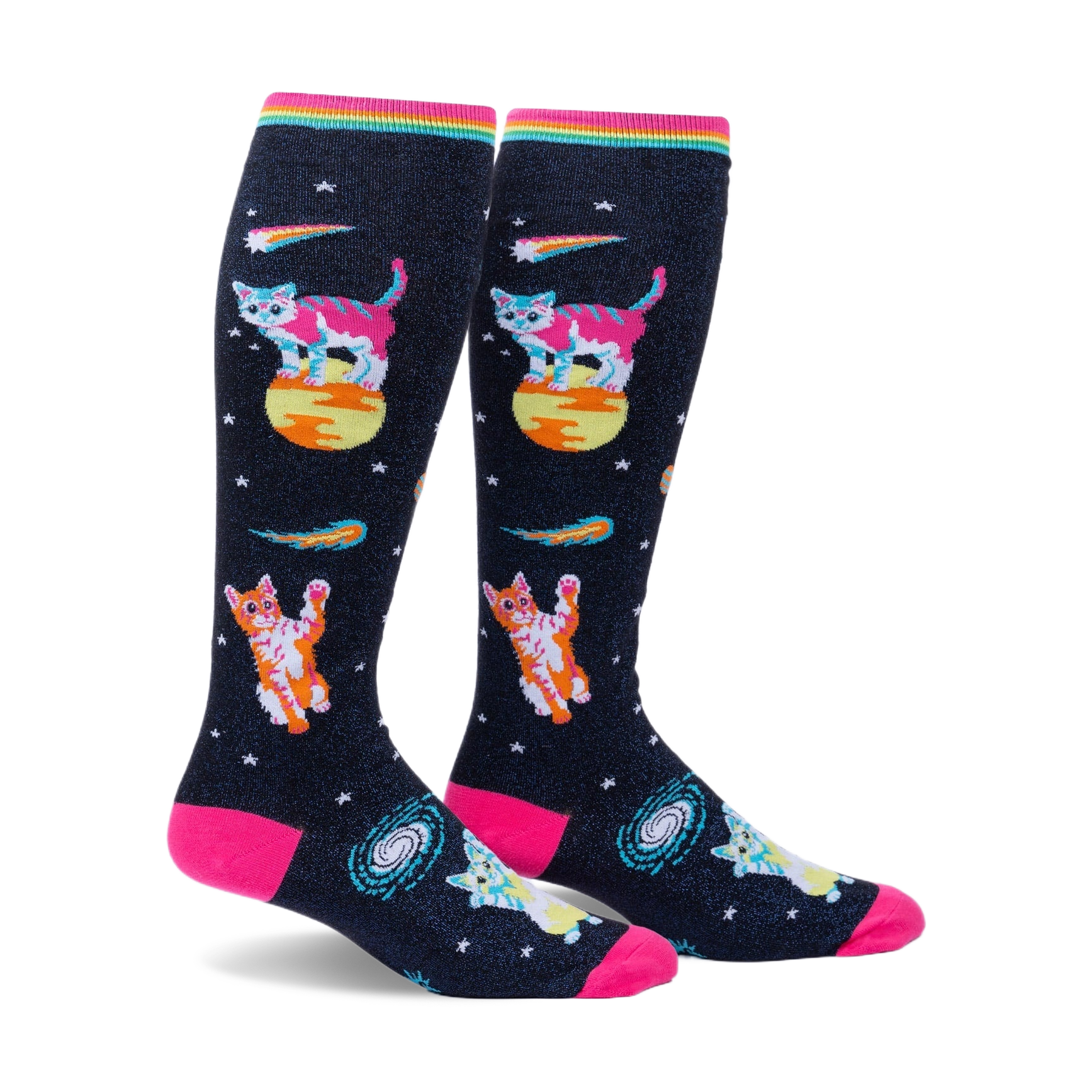 Pair of knee-high socks on a white background. Black background with pink, orange, and teal space cats, stars, and comets. Rainbow top cuff.