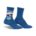 Pair of blue crew socks featuring a cream chihuahua graphic and 'Monday Mode: On' text. Fun, casual style.