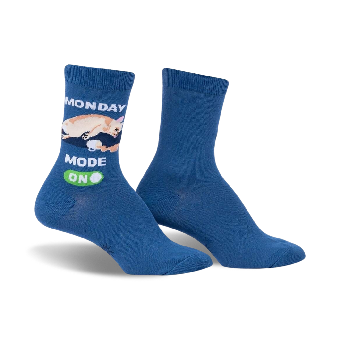 Pair of blue crew socks featuring a cream chihuahua graphic and 'Monday Mode: On' text. Fun, casual style.