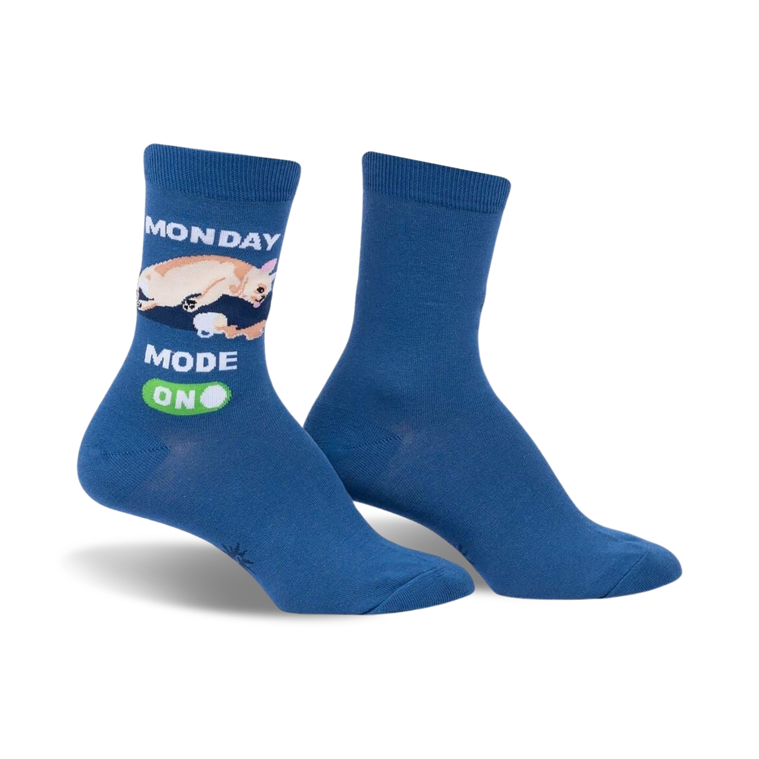 Pair of blue crew socks featuring a cream chihuahua graphic and 'Monday Mode: On' text. Fun, casual style.