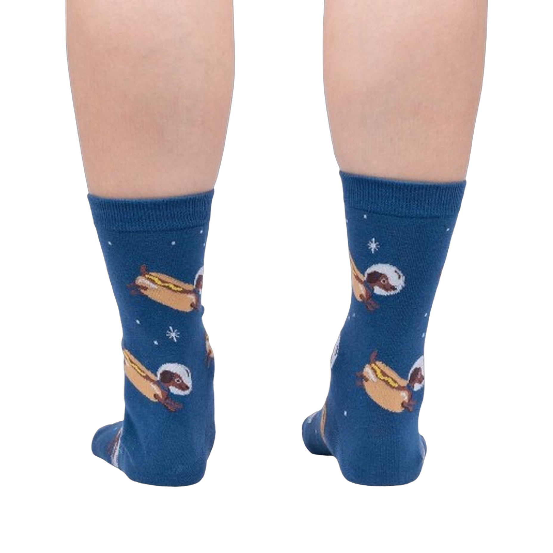 Back view of a person wearing the Weiner Dogs, In Space! Glow in the Dark socks.  Shows full sock pattern on both legs.