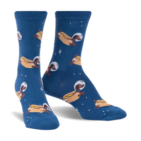 blue crew socks for women feature a pattern of cartoon dachshunds in space with stars and planets. they glow in the dark.   
