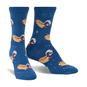 weiner dogs, in space! glow in the dark dachshunds themed womens blue novelty crew 0