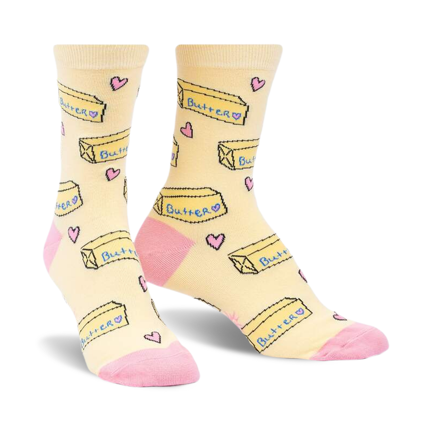 Pair of pastel yellow crew socks with a repeating pattern of butter pats and pink hearts. Pink accents on the heel and toe.