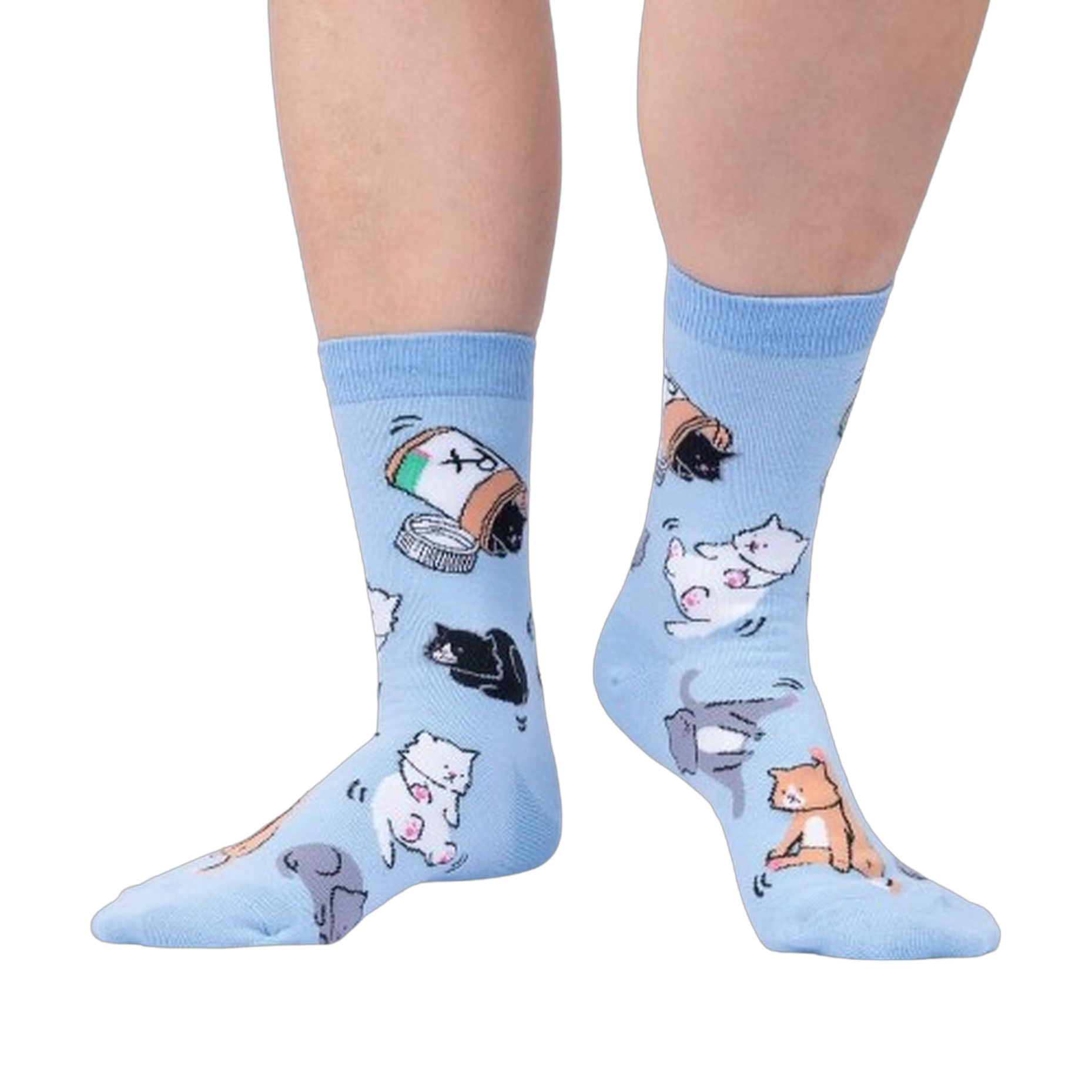Lifestyle shot of a person wearing the light blue crew socks with cat and pill bottle design.