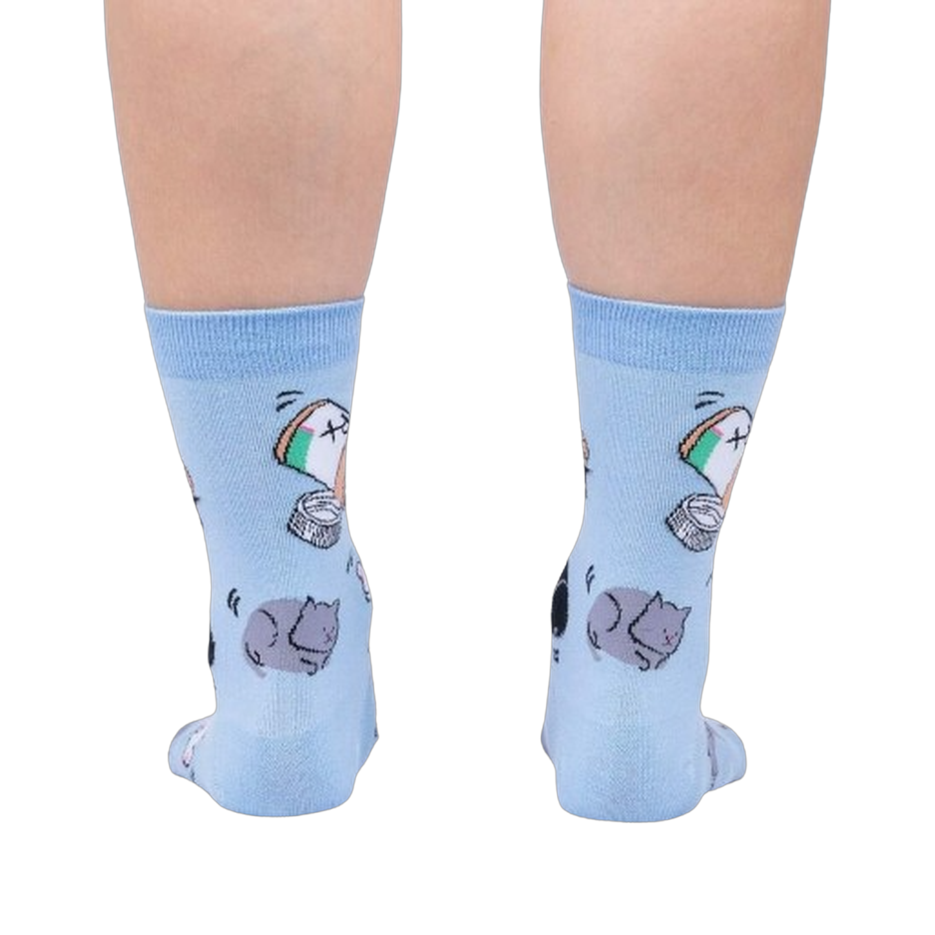 Close-up of the back of the light blue crew socks showcasing the cat and pill bottle design.