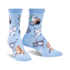 Pair of light blue crew socks with playful illustrations of cats tumbling out of a pill bottle. 