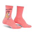 Coral crew socks with a cat eating ice cream graphic and the text 'Everything is Fine'. Sprinkles are scattered across the sock.