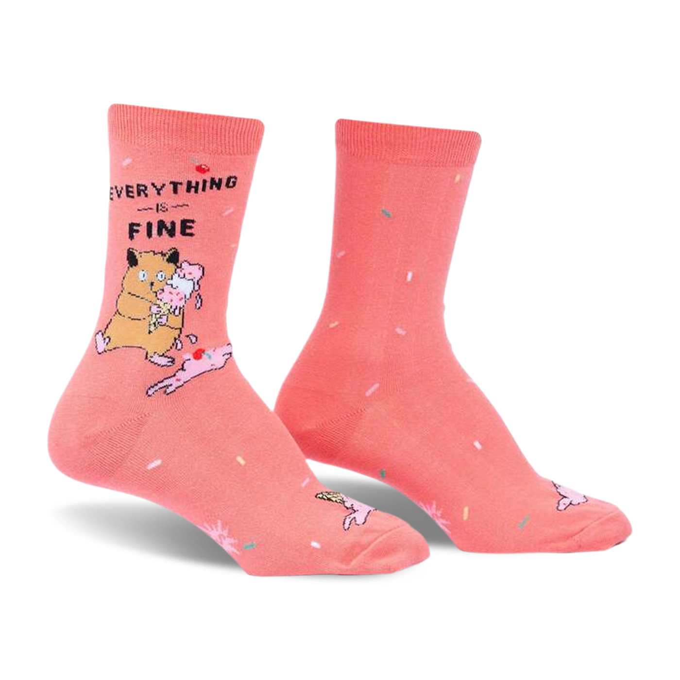 Coral crew socks with a cat eating ice cream graphic and the text 'Everything is Fine'. Sprinkles are scattered across the sock.