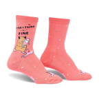 Coral crew socks with a cat eating ice cream graphic and the text 'Everything is Fine'. Sprinkles are scattered across the sock.