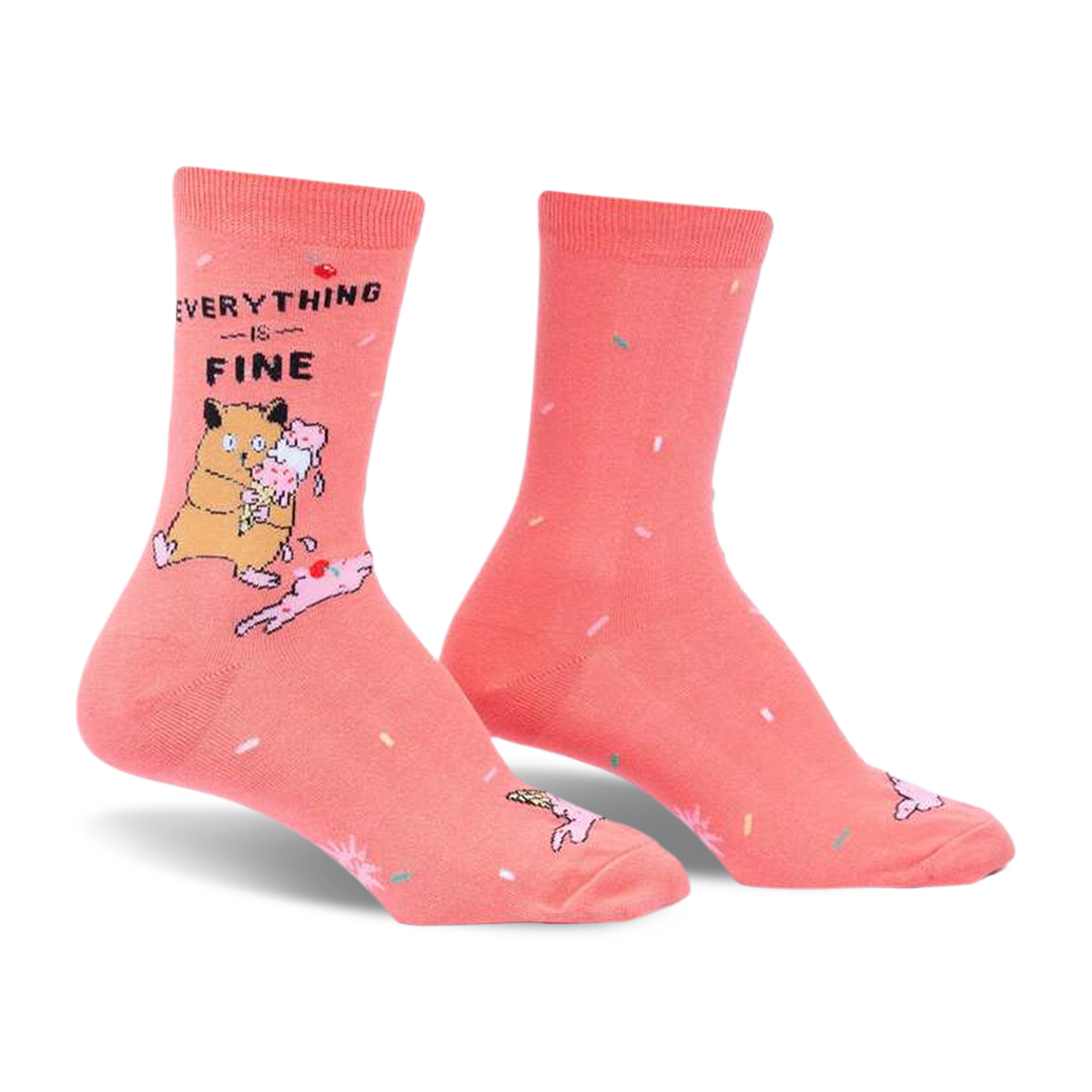Coral crew socks with a cat eating ice cream graphic and the text 'Everything is Fine'. Sprinkles are scattered across the sock.