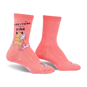 front view of a pair of pink socks with a white and black design of a hamster eating ice cream. the socks say 