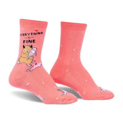 front view of a pair of pink socks with a white and black design of a hamster eating ice cream. the socks say "everything is fine" in black letters. the other sock has a pink and white sprinkle pattern.