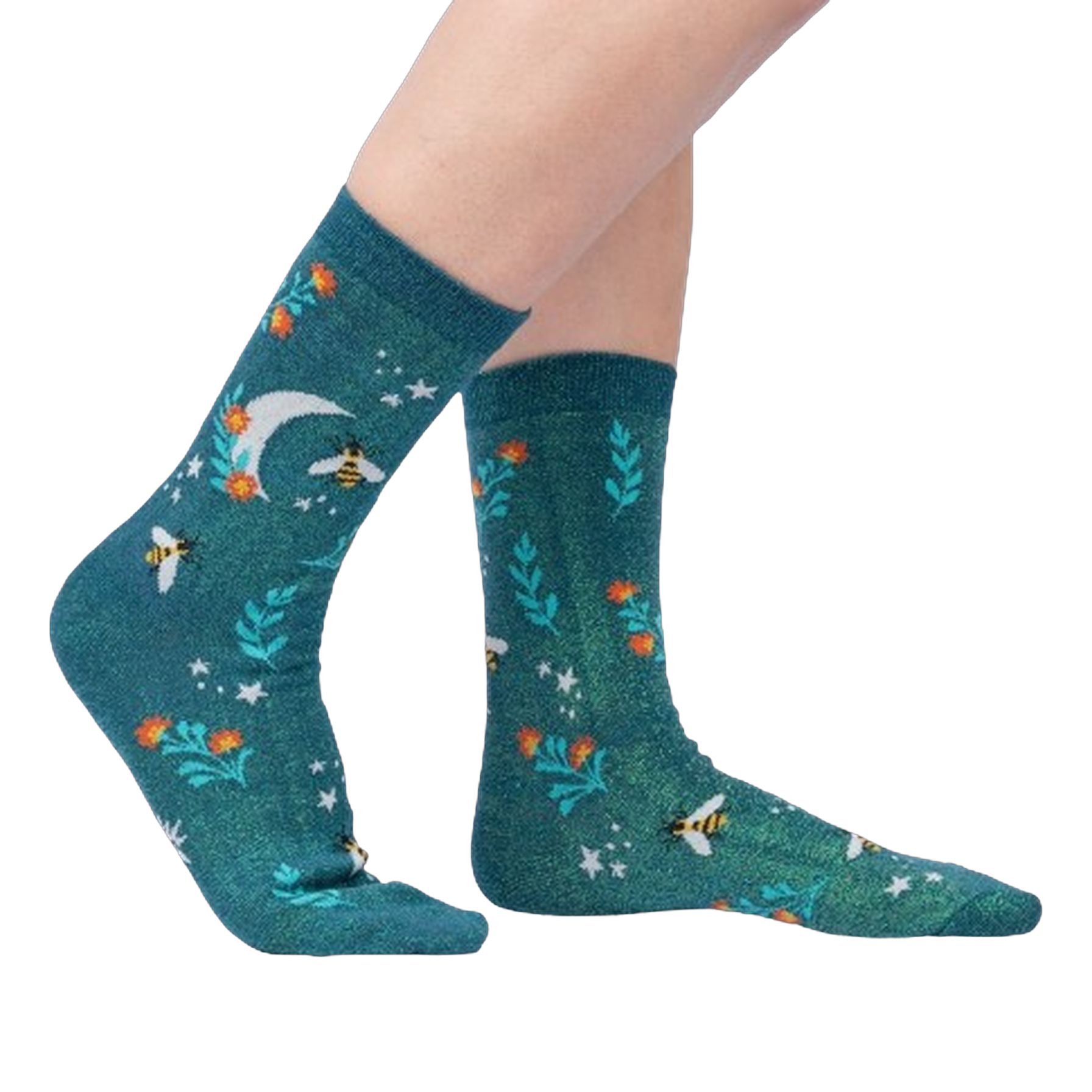Lifestyle shot showing the socks on a person's legs, showcasing how they look when worn.