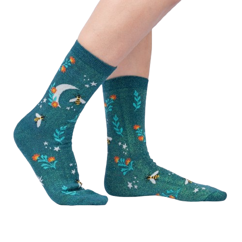 A pair of teal socks with a pattern of bees, flowers, and stars.