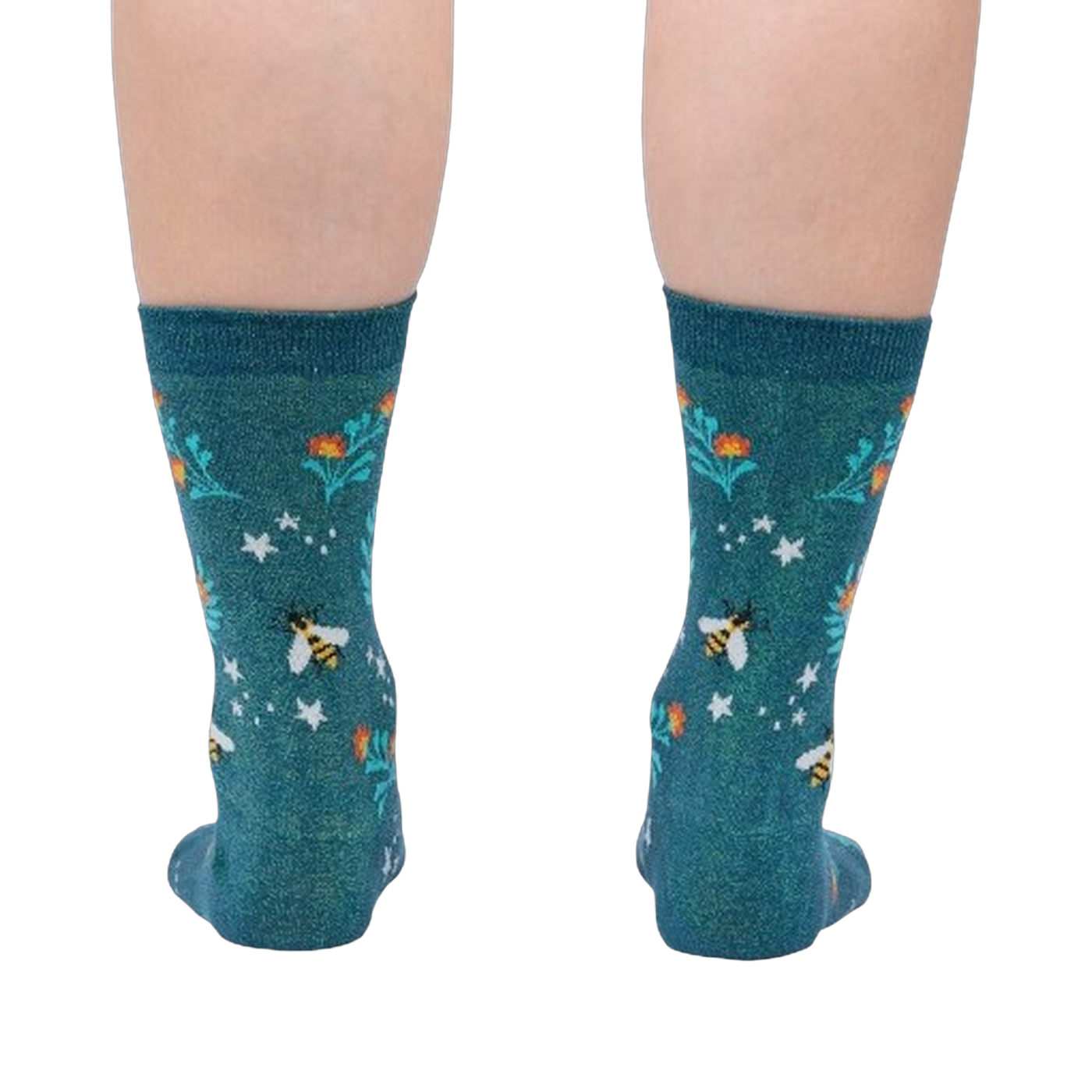 Rear view of the socks on a person's legs, displaying the design from the back.