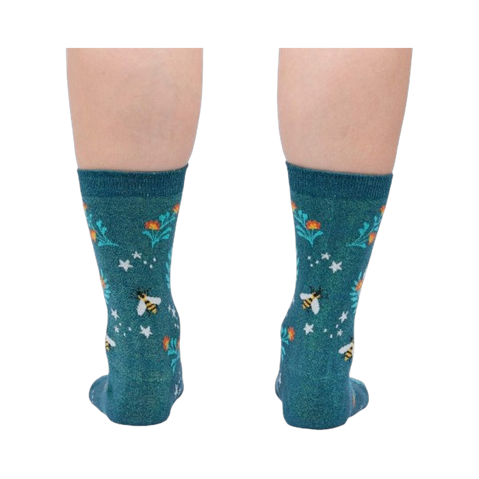 Rear view of the socks on a person's legs, displaying the design from the back.