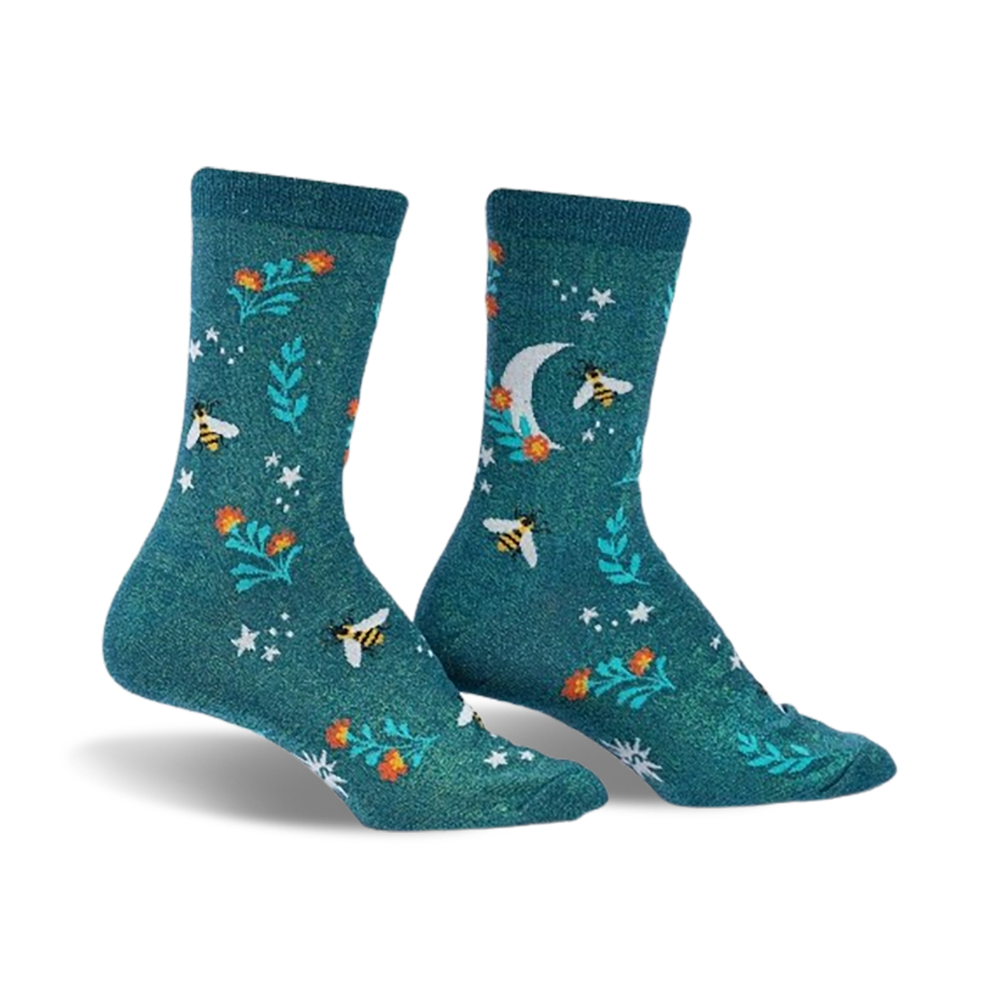 Pair of teal crew socks featuring a whimsical pattern of bees, flowers, a crescent moon, and stars.