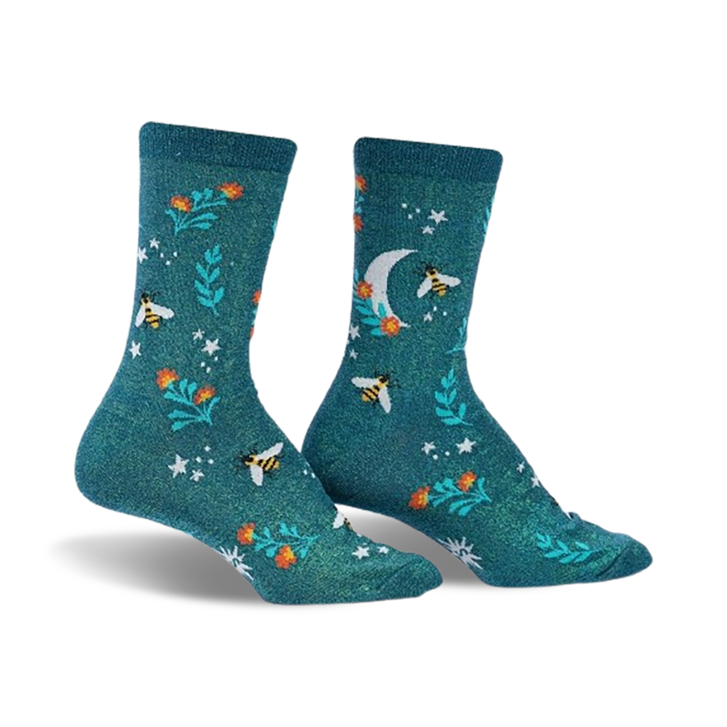 Pair of teal crew socks featuring a whimsical pattern of bees, flowers, a crescent moon, and stars.