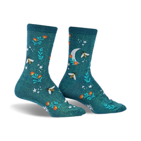 women's teal bee dazzling shimmer crew socks with ribbed top, reinforced toe and heel, featuring bees, flowers, stars, and moon pattern.  
