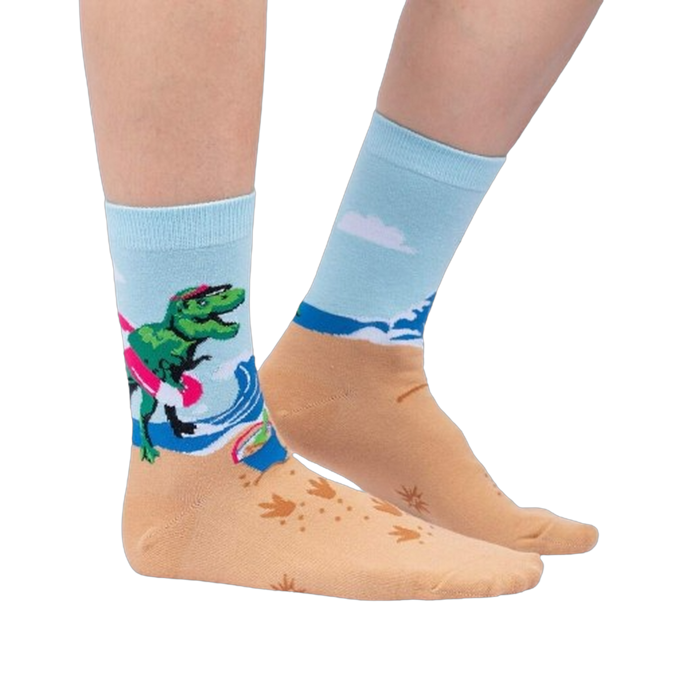 Lifestyle shot of Dinos Gone Wild socks on a person's feet, showcasing the beach-themed design.